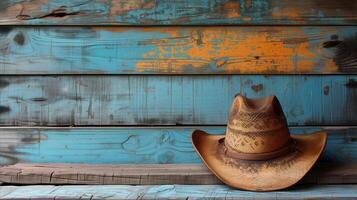 ai genererad cowboy hatt vilar på rustik blå trä- bakgrund foto
