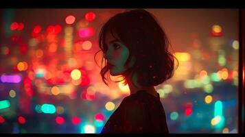 ai genererad kontemplativ ung kvinna gazing på natt stad lampor bokeh bakgrund foto