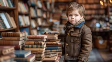 ai genererad nyfiken litet barn bland stackar av böcker i en årgång bibliotek miljö foto