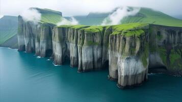 ai genererad dimmig klippor på faroe öar utsikt lugn hav foto