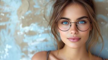 ai genererad självsäker ung kvinna med glasögon porträtt på texturerad bakgrund foto