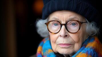 ai genererad porträtt av ett äldre kvinna med glasögon och blå hatt foto