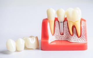 dental implantera, artificiell tand rötter in i käke, rot kanal av dental behandling, gummi sjukdom, tänder modell för tandläkare studerar handla om tandvård. foto