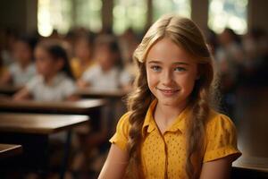 ai genererad porträtt av söt caucasian skol i gul klänning i klassrum ser på kamera. studie, tillbaka till skola begrepp foto