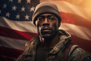 ai genererad patriot dag, afro amerikan soldat på USA flagga bakgrund foto