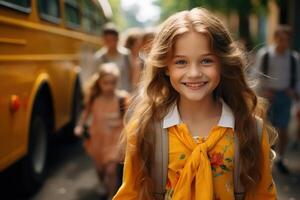 ai genererad Lycklig leende skol med ryggsäck ser på kamera på skola gul buss sluta, utomhus. tillbaka till skola, studie begrepp foto