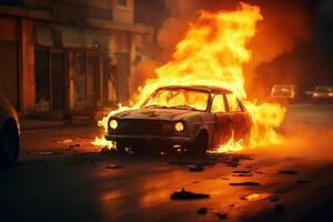 ai genererad brottslighet, upplopp, mordbrand, incident begrepp. brinnande bil på de gata på natt foto
