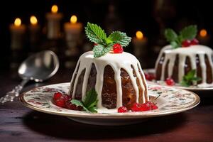 ai genererad jul pudding är traditionell festlig brittiskt maträtt, närbild av utsökt ljuv efterrätt med tranbär på tallrik foto