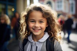 ai genererad Lycklig leende liten skol gående till skola, porträtt lockigt caucasian flicka med ryggsäck utomhus ser på kamera foto