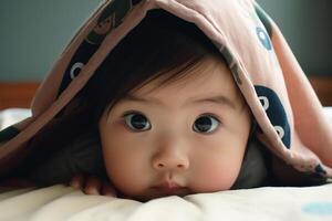 ai genererad liten asiatisk flicka liggande i säng under täcker, bebis kikar ut från filt. porträtt av charmig söt ansikte av barn, svart ögon ser på kamera foto