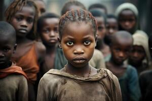ai genererad global social problem av hunger och fattigdom begrepp. porträtt grupp av afrikansk hungrig och fattig ungar, skön tiggare flicka ser på kamera utomhus foto