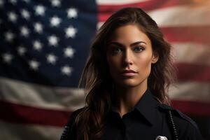ai genererad porträtt av en caucasian kvinna polis officer i enhetlig på de bakgrund av de USA amerikan flagga foto