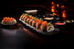 ai genererad traditionell japansk mat, uppsättning av sushi rullar med rå fisk på en skiffer svart styrelse i en restaurang foto