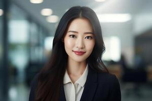 ai genererad porträtt leende asiatisk affärskvinna i kostym i kontor ser på kamera, självsäker framgångsrik ung kvinna chef arbetstagare, inomhus. företag och karriär begrepp foto