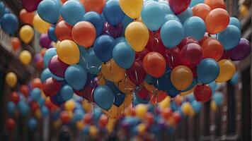 ai genererad färgrik ballonger i de luft, färgrik ballonger bakgrund, färgad ballong tapet, Lycklig bakgrund foto