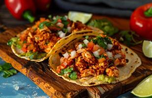ai genererad en tostadas med kyckling tinga de pollo en utsökt mexikansk maträtt på en trä- styrelse, traditionell mexikansk mat bild foto