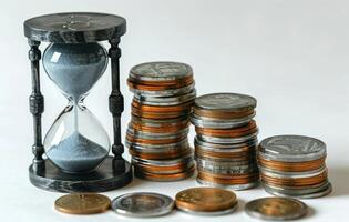 ai genererad timglas och mynt stackar på vit bakgrund, inflation trend begrepp foto