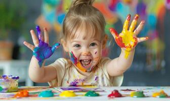 ai genererad liten barn framställning färgrik händer medan Sammanträde på en tabell, värld konst dag konstverk foto