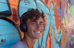 ai genererad ung manlig leende med hörlurar nära graffiti vägg, värld konst dag illustration foto