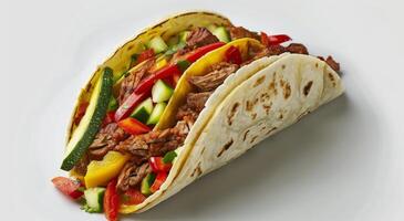 ai genererad en kött och vegetabiliska taco på en vit yta, mexikansk mat bakgrund bild foto