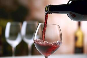 ai genererad röd vin häller in i en vin glas. skapas med generativ ai foto