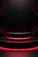 ai genererad djärv röd runda podium på svart bakgrund för attrapp och presentationer. skapas med generativ ai foto
