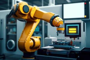 ai genererad smart industriell automatisering Avancerad robot ärm i modern fabrik. skapas med generativ ai foto