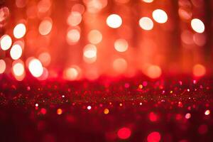 ai genererad festlig röd glitter bokeh bakgrund för jul och hjärtans dag firande. skapas med generativ ai foto