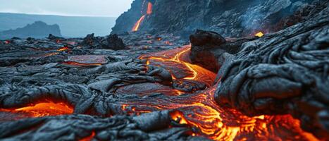 ai genererad smält lava strömma på oländig vulkanisk landskap. eldig smält lava flöden genom en mörk, kyld vulkanisk terräng, visa upp de rå kraft av natur foto