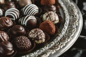 ai genererad sortiment av choklad godis på silver- tallrik. foto