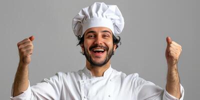 ai genererad porträtt av Lycklig italiensk manlig kock matlagning pasta. ai genererad foto