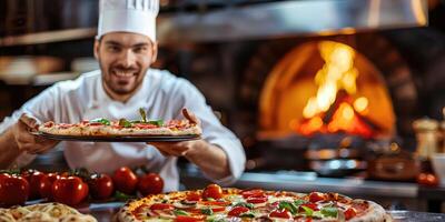ai genererad porträtt av Lycklig italiensk manlig kock matlagning pizza. ai genererad foto