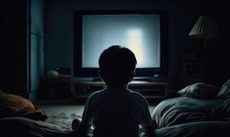 ai genererad en nyfiken barn utforska de skuggor av en mysigt natt foto
