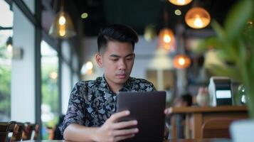 ai genererad asiatisk digital nomad ung man använder sig av digital läsplatta på de Kafé, arbetssätt avlägsen och teknologi begrepp foto