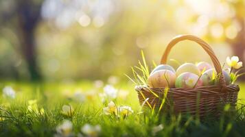 ai genererad påsk korg fylld med färgrik ägg och blommor på de grön gräs med vår trädgård bakgrund, Lycklig påsk foto