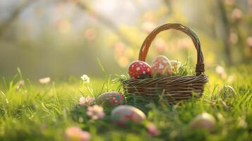 ai genererad påsk korg fylld med färgrik ägg och blommor på de grön gräs med vår trädgård bakgrund, Lycklig påsk foto