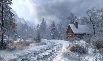 ai genererad vinter- landskap med en stuga i de snö foto