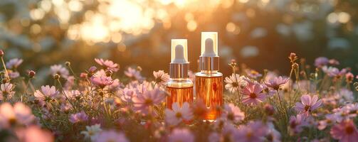 ai genererad kosmetisk flaskor med rosa blommor på trä- tabell utomhus. skönhet behandling foto
