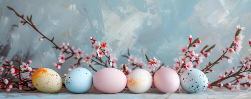 ai genererad tecknad serie färgad påsk ägg och vår blommor med copy kort på blå bakgrund, påsk Semester foto