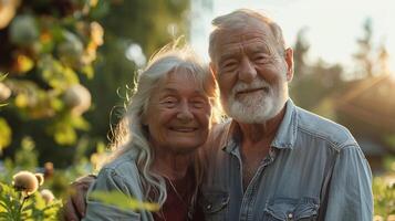 ai genererad en senior par vistas aktiva förbi trädgårdsarbete tillsammans foto