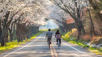 ai genererad en par ridning cyklar tillsammans längs en naturskön landsbygden väg fodrad med blomstrande träd foto