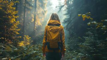ai genererad en kvinna praktiserande mindfulness medan gående genom en skog foto