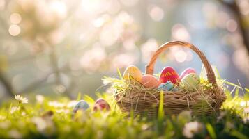 ai genererad påsk korg fylld med färgrik ägg och blommor på de grön gräs med vår trädgård bakgrund, Lycklig påsk foto