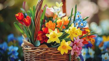 ai genererad en stänga upp skott av färgrik vår blommor anordnad i en korg symboliserar de skönhet av de säsong foto