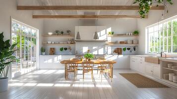ai genererad interiör ljus rymlig och modern bondgård stil kök design foto