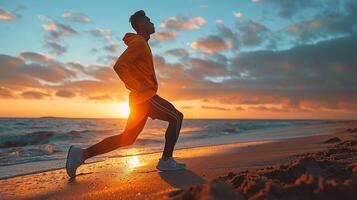 ai genererad en löpare stretching innan en morgon- jogga längs de strand foto