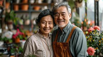 ai genererad asiatisk senior par vistas aktiva förbi trädgårdsarbete tillsammans foto