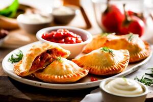 ai genererad välsmakande empanadas på tallrik.guldbrun empanadas fylld med en välsmakande blanda, eras med doppning såser på en vit tallrik. foto