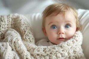 ai genererad en bebis insvept i en mysigt sticka filt, med ljus blå ögon och en nyfiken se. kopia Plats. foto