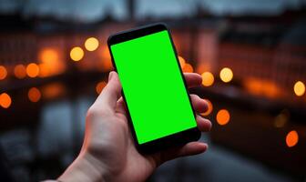ai genererad hand innehav en smartphone med en grön skärm, suddig stad lampor i de bakgrund. kopia Plats. foto